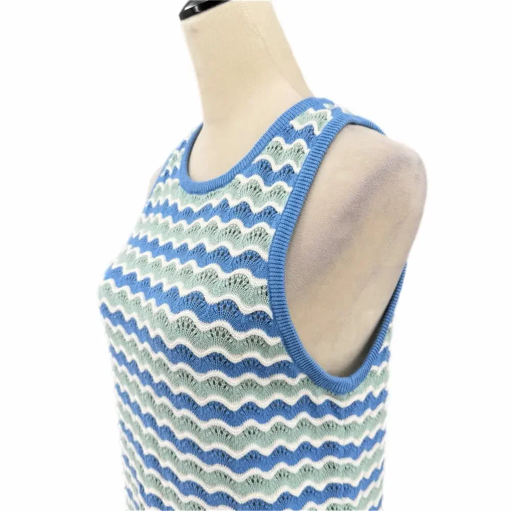 Marine Layer Blue White 100% Cotton Scalloped Wavy Knit Sleeveless Sweater Tank